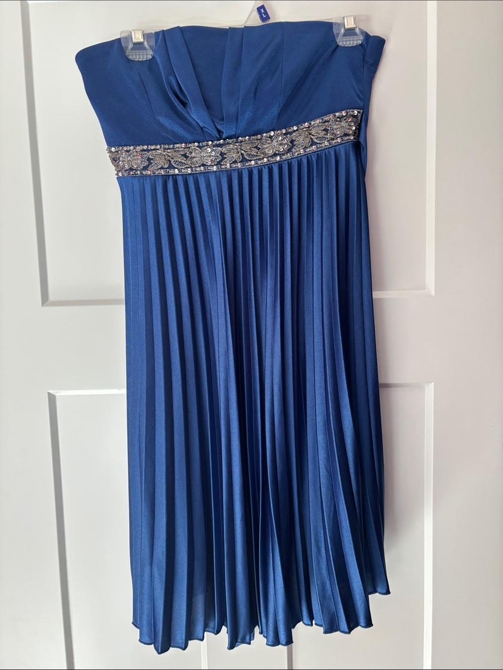 Strapless Royal Blue Pleated Evening Dress with Beaded Waist